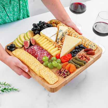 Zulay Kitchen Premium Bamboo Charcuterie Board - Extra Thick Bamboo Board with 4 Piece Knife Set - Perfect for Charcuterie, Wine and Cheese