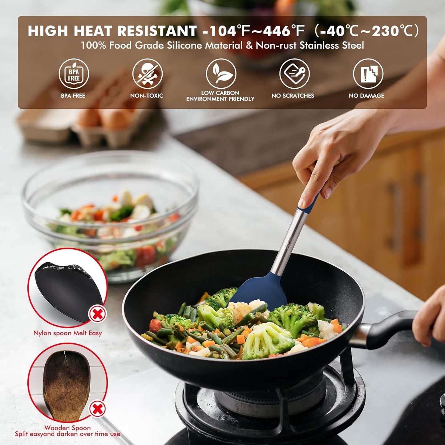 HOTEC 446°F Heat Resistant Silicone Kitchen Utensils, Cooking Utensil Set, Spatula Set, BPA Free, Kitchen Gadgets, With Stainless Steel Utensils Holder, Dishwasher Safe 14pcs Khaki
