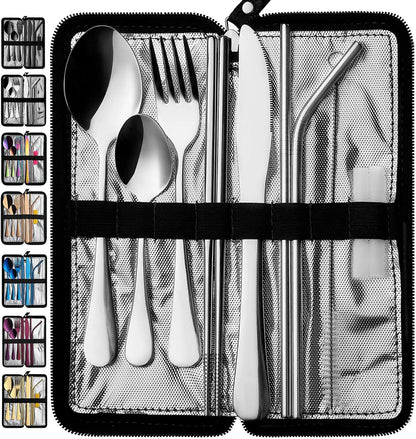 VANDBAO Camping Utensils Set, Portable Travel Utensils with Case for Fixing Tableware, Reusable Stainless Steel Stable Cutlery Set, Lunch Picnic Flatware Silverware (Rainbow Set)