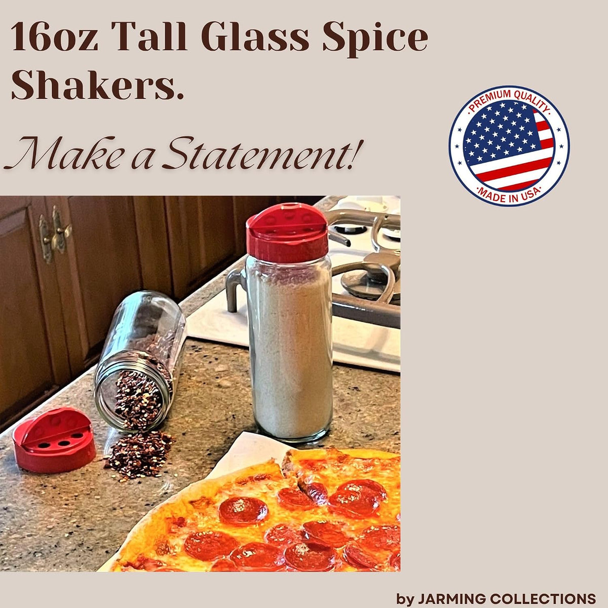 JARMING COLLECTIONS 16oz Glass Spice Shakers with Lids – Large Seasoning Containers with Shaker Tops for Kitchen, Pantry & Herb Storage