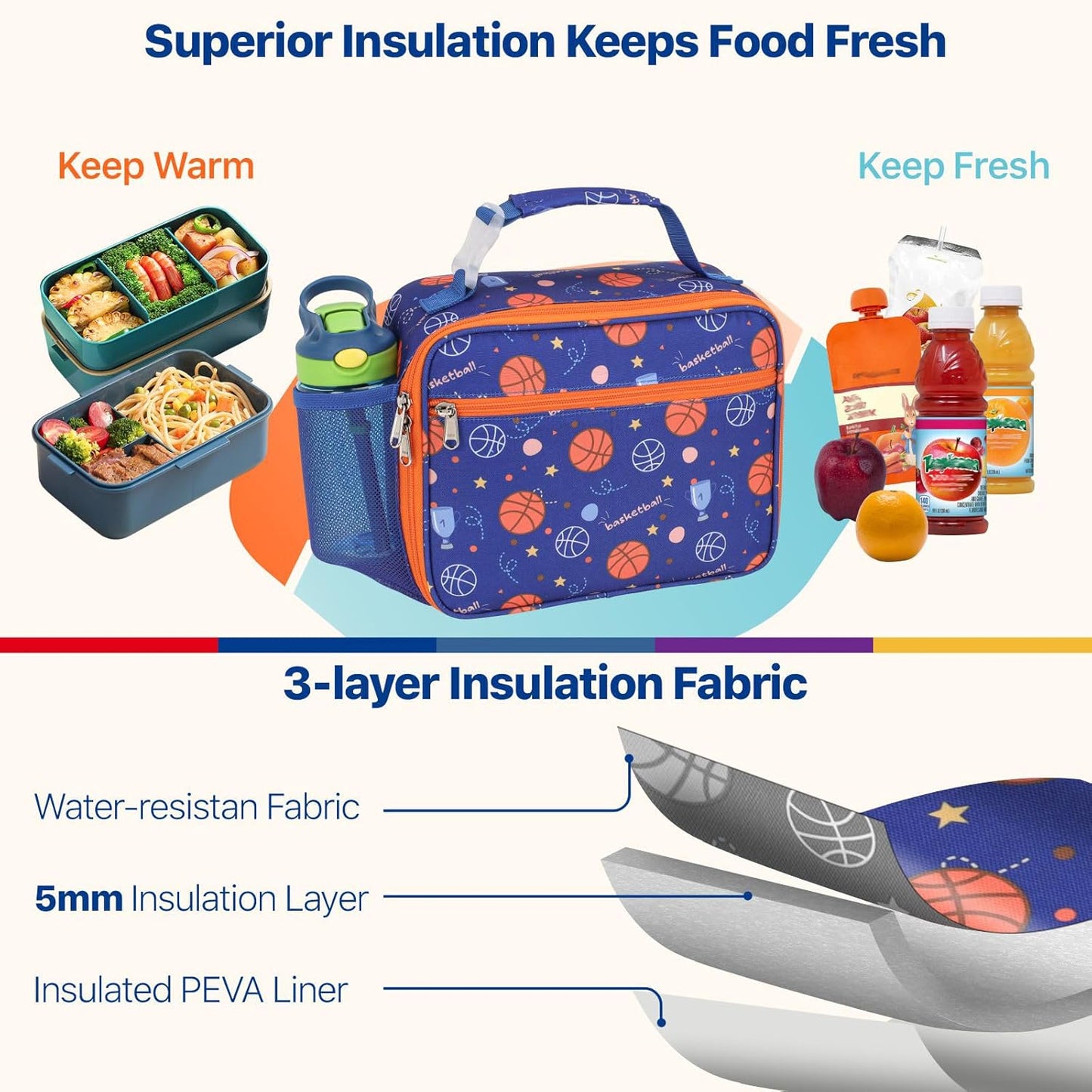 Bagseri Kids Lunch Bag Boys - Thermal Insulated Lunch Box Tote with Water Bottle Holder, Reusable Leak-Proof Kids Lunch Box for Daycare & School, Black Dinosaur (Containers Not Included)