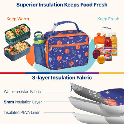 Bagseri Kids Lunch Bag Boys - Thermal Insulated Lunch Box Tote with Water Bottle Holder, Reusable Leak-Proof Kids Lunch Box for Daycare & School, Black Dinosaur (Containers Not Included)