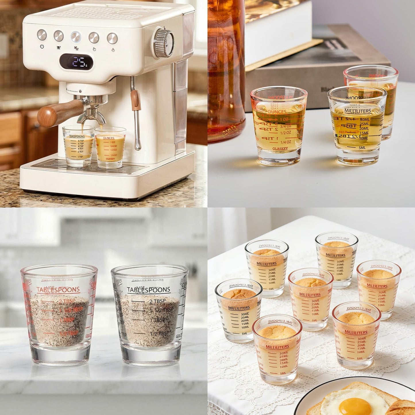 GLASKEY Shot Glasses Measuring Cup Set - 2 Pack Espresso Shot Glasses with Precise Measurement Marks,Heavy Duty Glass,Dishwasher Safe,Perfect for Coffee,Cocktails and Kitchen Use (Black & Red)