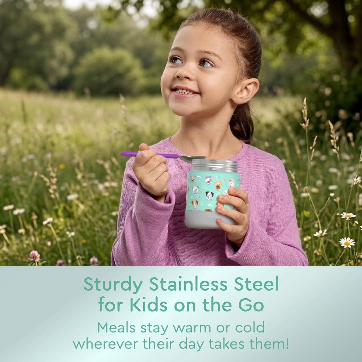 Bentgo Kids Stainless Steel Food Jar - 11oz Leak-Proof Double Insulated Hot or Cold Food Container with Removable Silicone Bumper, Dishwasher Safe, Easy Open Lid, Ages 3+ (Trucks)