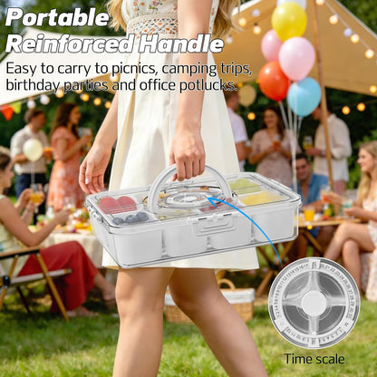 Divided Serving Tray with Lid and Handle,Time Recording 8 Compartments Snackle Box Container - Charcuterie Board for Portable Snack Platters - Clear Organizer for Fruits Snacks,Perfect for Travel