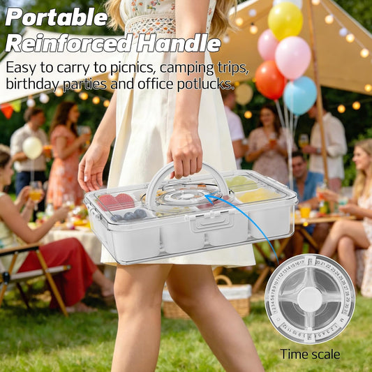 Divided Serving Tray with Lid and Handle,Time Recording 8 Compartments Snackle Box Container - Charcuterie Board for Portable Snack Platters - Clear Organizer for Fruits Snacks,Perfect for Travel