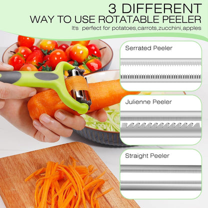 Senbowe Julienne Peeler, Potato Vegetable Peeler for Kitchen, I and Y Potato Peelers for Apple Fruit Carrot Zucchini Cucumber Veggie, 3 in 1 Blade Spin Design, Anti-Slip Handle