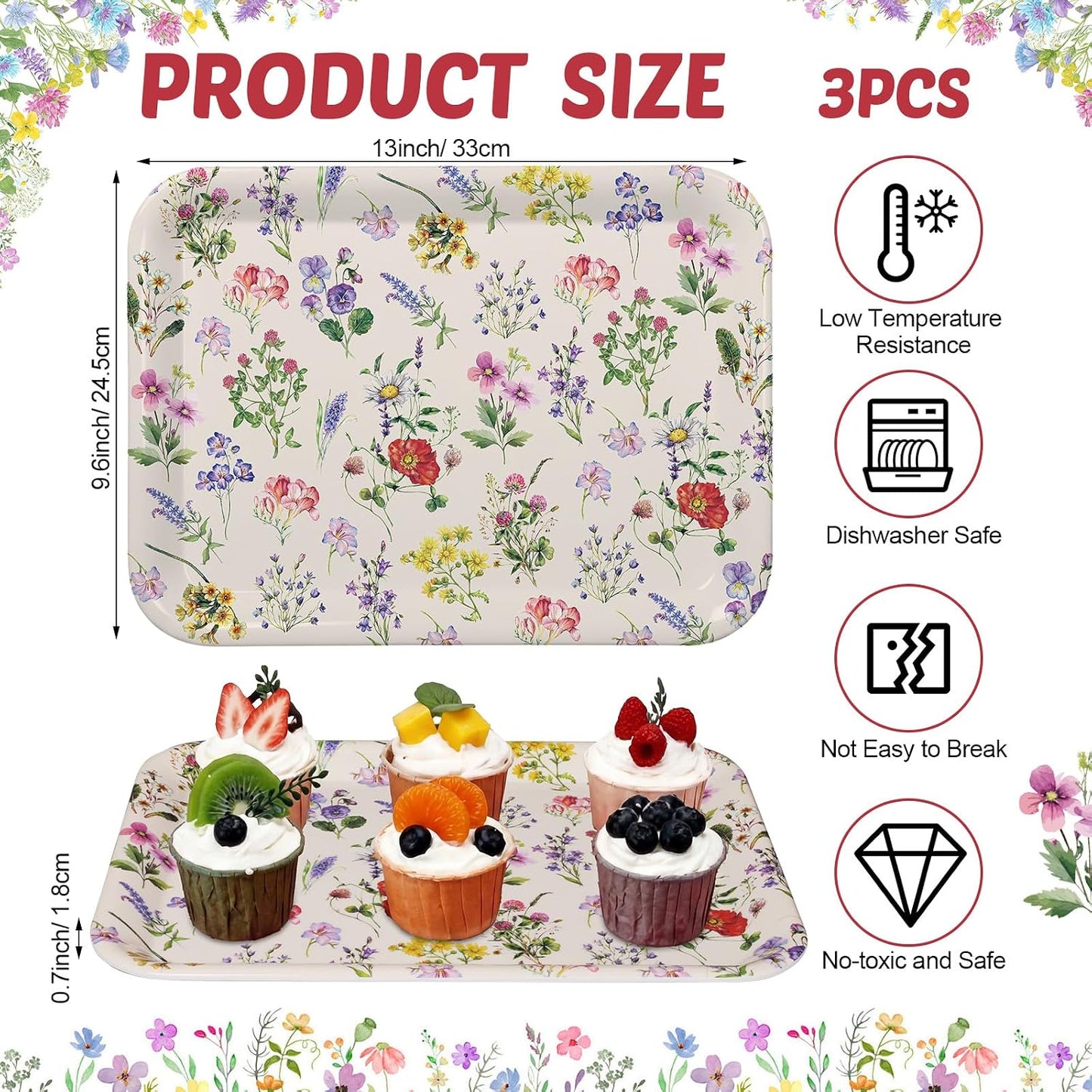 Vesici 3 Pcs Cherry Bow Serving Trays 13 x 10 Inch Pink Bow Cherry Melamine Platters Reusable Rectangular Serving Dishes for Coquette Wedding Baby Shower Birthday Party Sharing Snack Fruit Dessert
