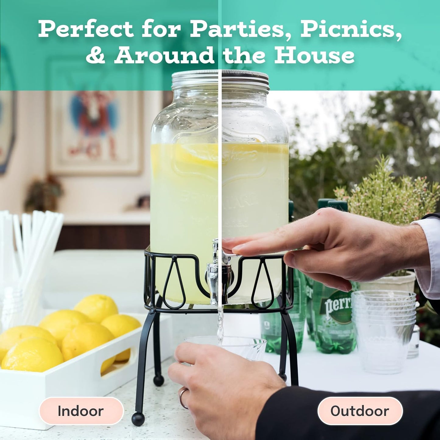 Estilo Gallon Drink Dispenser with Stand - Glass Beverage Dispenser with Stand for Weddings - Sun Tea Jar with Spigot 1 Gallon - Countertop Glass Water Dispenser for Lemonade and Parties