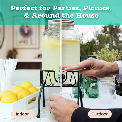 Estilo Gallon Drink Dispenser with Stand - Glass Beverage Dispenser with Stand for Weddings - Sun Tea Jar with Spigot 1 Gallon - Countertop Glass Water Dispenser for Lemonade and Parties