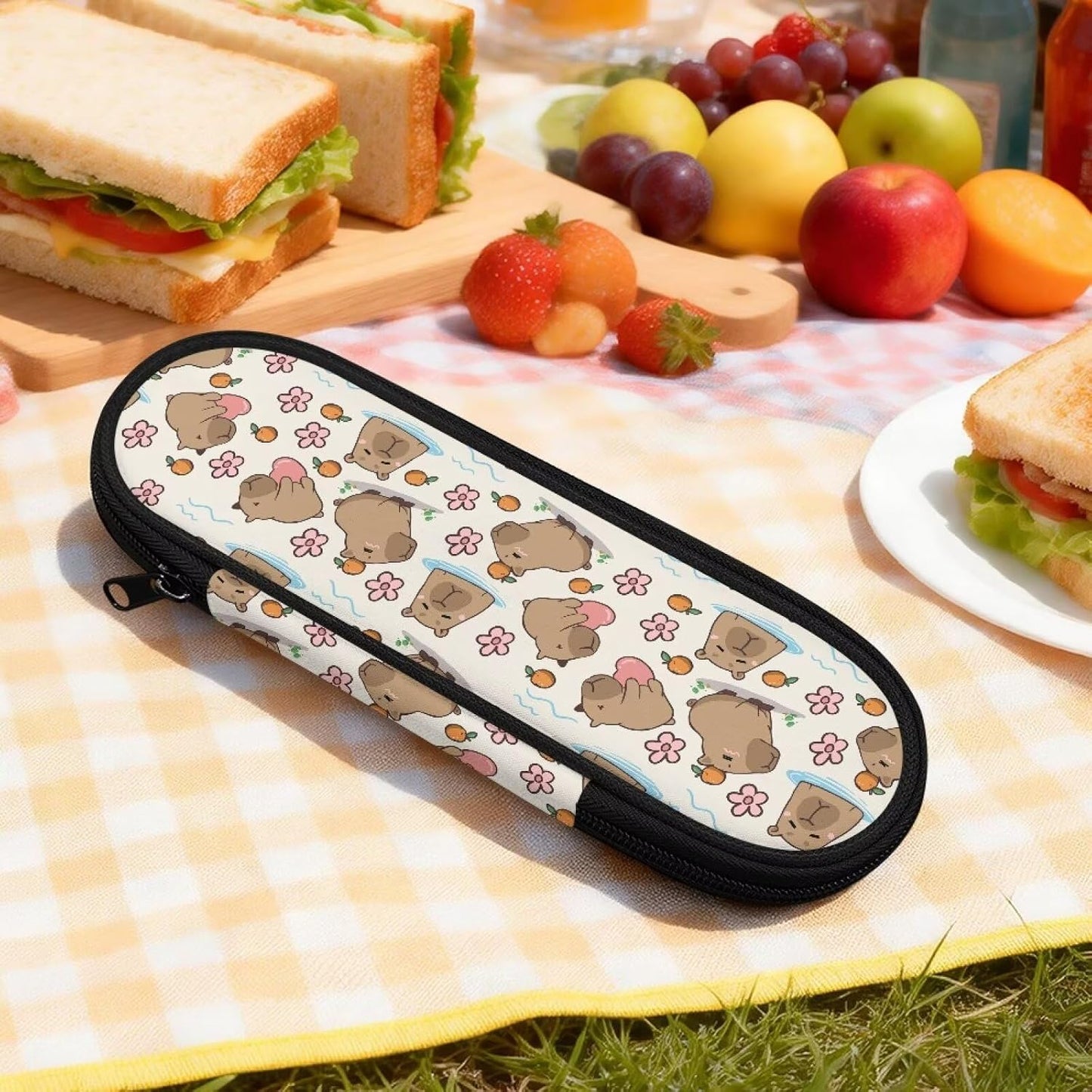 Travel Cutlery Set with Case for Kids Portable Utensil Case Reusable Silverware Pouch for School Travel Lunch Capybara Flower