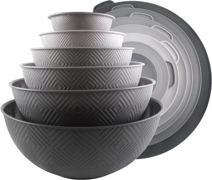 COOK WITH COLOR Mixing Bowls with Lids - 12 Piece Plastic Nesting Bowls Set includes 6 Prep Bowls and 6 Lids, Microwave Safe Mixing Bowl Set, Pink Embossed - Colors A