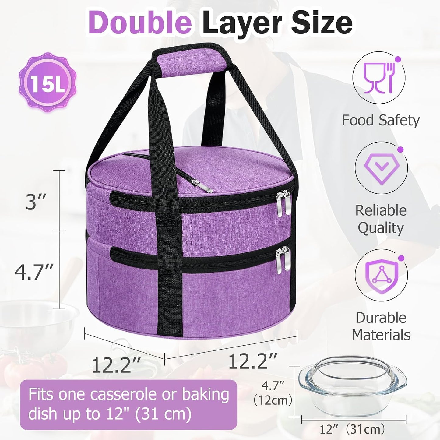 Round Insulated Casserole Carrier – 12" Portable Pie Carrier Bag for Hot or Cold Food, Leakproof Thermal Lunch Tote with Handle for Parties Picnic & Travel - Grey