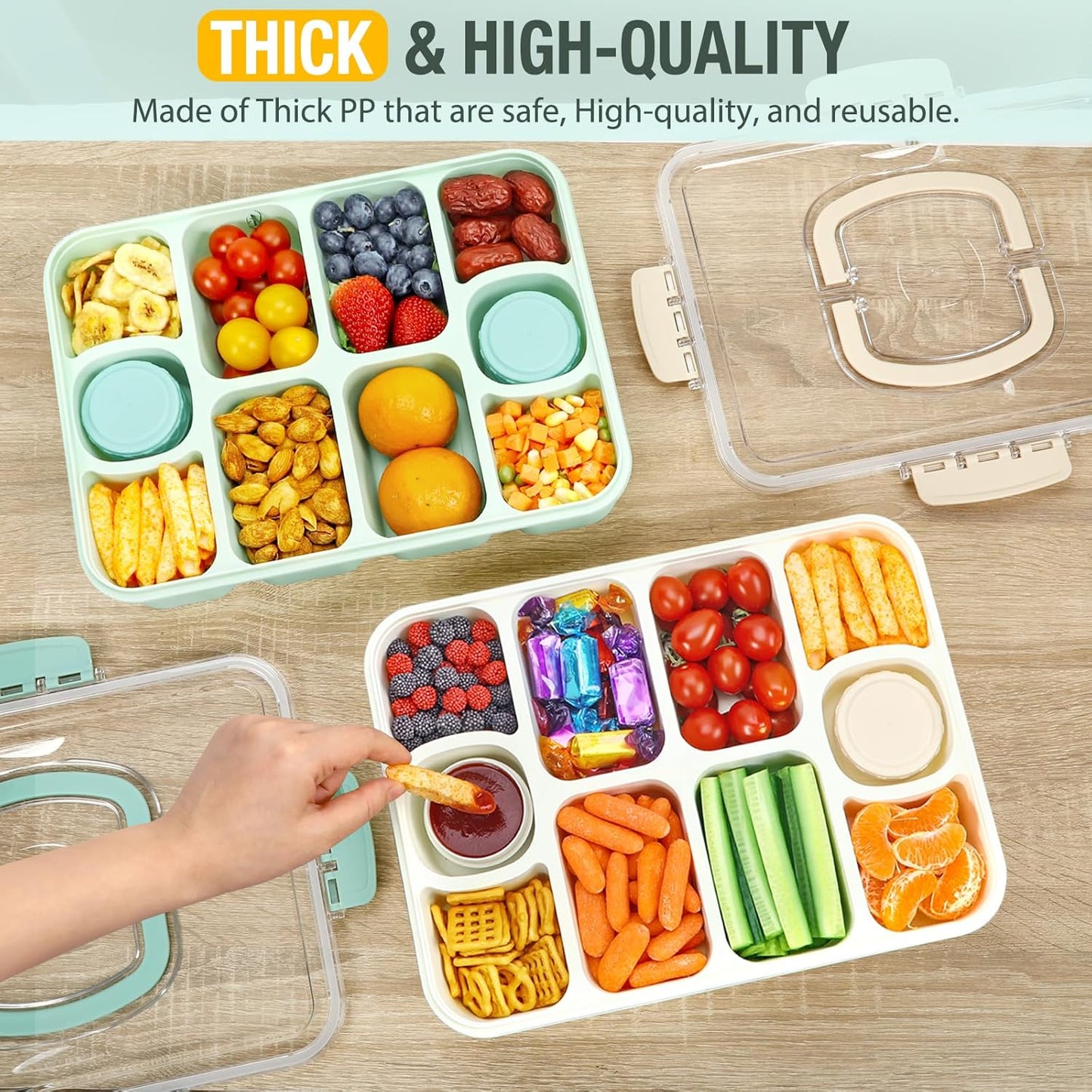 Caperci 2 Pack Snackle Box Container - Portable 10 Compartment Divided Snack Serving Tray with Lid & Handle, Built-in 4 Leak-Proof Sauce Containers, Dishwasher Safe, BPA-Free(Milky White)