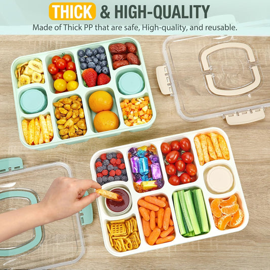 Caperci 2 Pack Snackle Box Container - Portable 10 Compartment Divided Snack Serving Tray with Lid & Handle, Built-in 4 Leak-Proof Sauce Containers, Dishwasher Safe, BPA-Free(Milky White)
