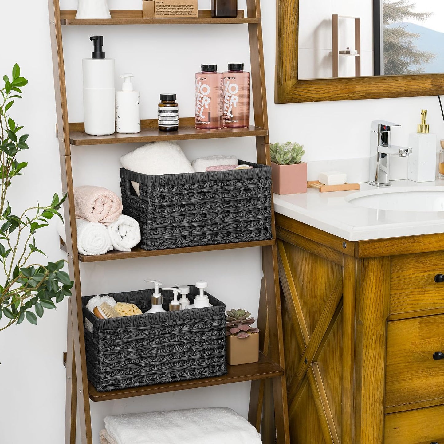 GRANNY SAYS Wicker Storage Baskets for Shelves, Water Hyacinth Basket with Scalloped Edge, Storage Wicker Baskets for Pantry, Large, 2-Pack