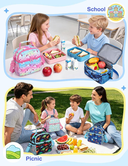 VASCHY Lunch Box Bag for Kids, Insulated Double Compartments Cooler Lunch Tote for Toddlers Boys Girls School/Daycare/Picnic Black Dinos