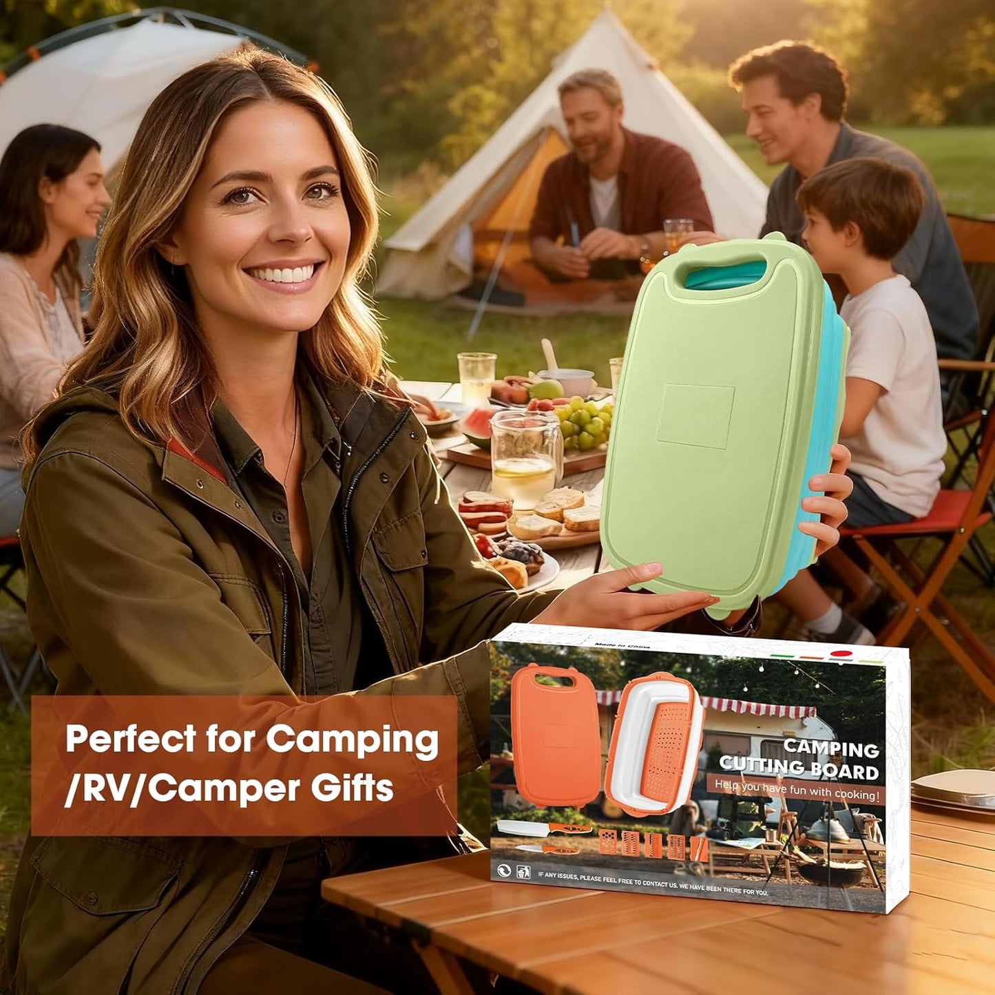 Gintan Collapsible Camping Cutting Board, 9-in-1 Chopping Board with Colander, Kitchen Vegetable Washing Basket for Camping, Camping Gifts Camping Accessories for RV Campers (Blue+Grey)