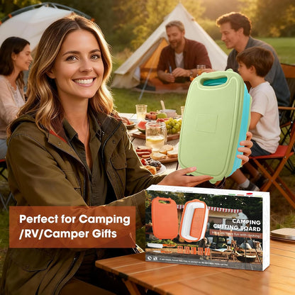 Gintan Collapsible Camping Cutting Board, 9-in-1 Chopping Board with Colander, Kitchen Vegetable Washing Basket for Camping, Camping Gifts Camping Accessories for RV Campers (Blue+Grey)