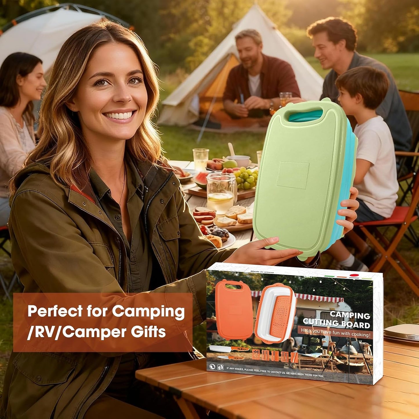 Gintan Collapsible Camping Cutting Board, 9-in-1 Chopping Board with Colander, Kitchen Vegetable Washing Basket for Camping, Camping Gifts Camping Accessories for RV Campers (Blue+Grey)