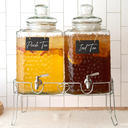 Ilyapa Glass Drink Dispensers for Parties with Stand - 2 Pack, 2 Gallon Double Beverage Dispenser with Wood Tops & Black Stainless Spigots