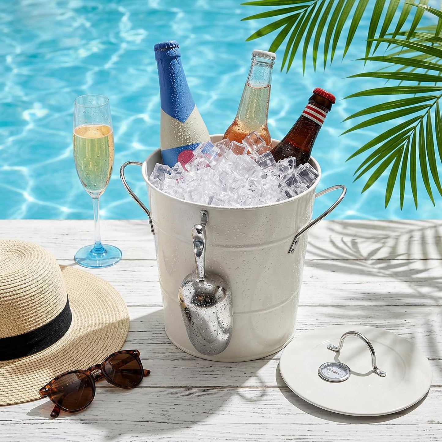 4L Ice Bucket, Double Wall Metal Wine Chiller Bucket, including Thermometer, Lid, Scoop and Plastic Liner, Large Beverage Tub Ice Holder for Wine, Champagne, Cocktail Party Bar