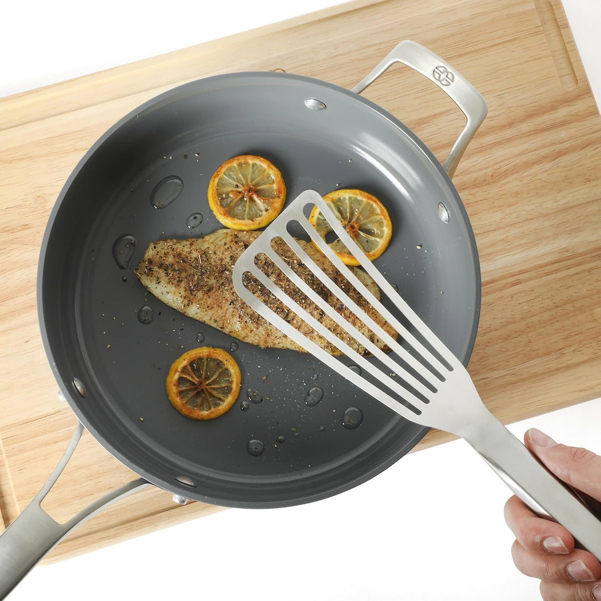 Calphalon Slotted Turner, Kitchen Flipping Spatula, Slotted Spatula, Stainless Steel Turner with Silicone Heat Resistance Handle, Nonstick-Safe Spatula for Draining and Flipping (Navy)
