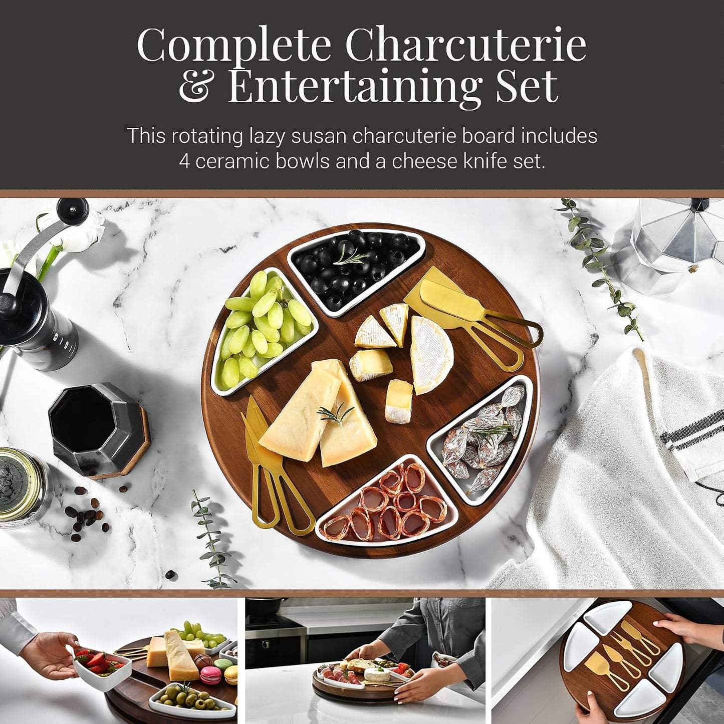 Shanik Acacia Wood Lazy Susan Cheese Board Set – Rotating Charcuterie Platter, Elegant Serving Tray for Appetizers, Snacks, Parties & Weddings