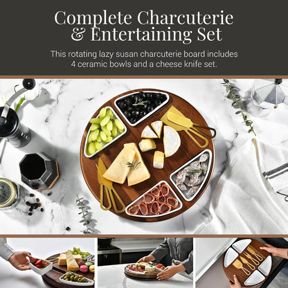 Shanik Acacia Wood Lazy Susan Cheese Board Set – Rotating Charcuterie Platter, Elegant Serving Tray for Appetizers, Snacks, Parties & Weddings