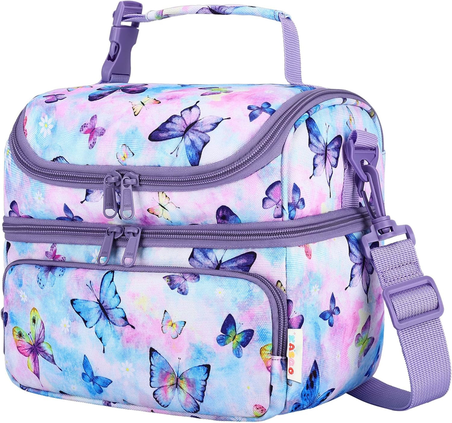 Kasqo Lunch Bag Kids, Dual Compartment Insulated Cooler Bag 7.5L Girls Boys Toddler Lunch Box Containers for Daycare School Kindergarten Travel Ombre Butterfly