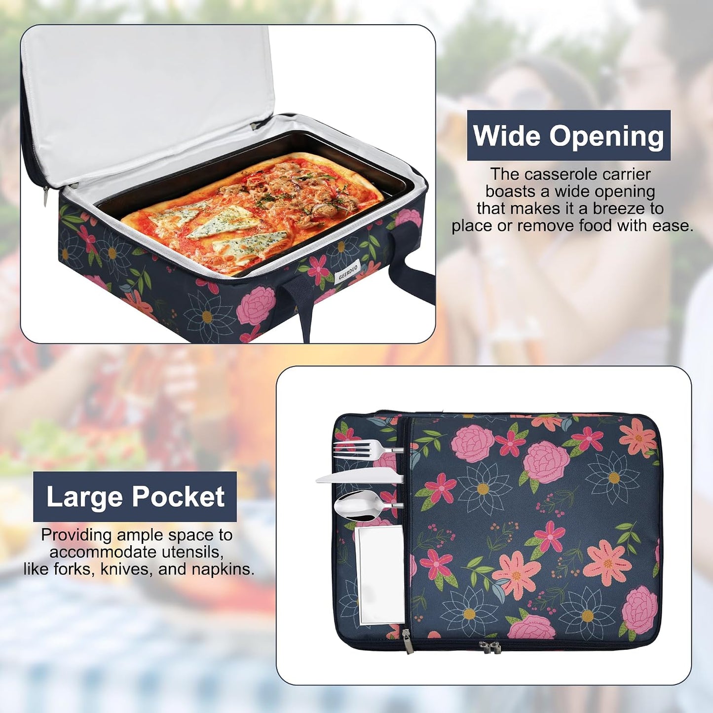 Double Decker Insulated Casserole Carrier, Expandable Thermal Food Warmer Bag Fits 9x13 Dish, Leak-Proof Potluck Lasagna Holder with Utensil Pocket for Picnic Party Cookout (Blue)