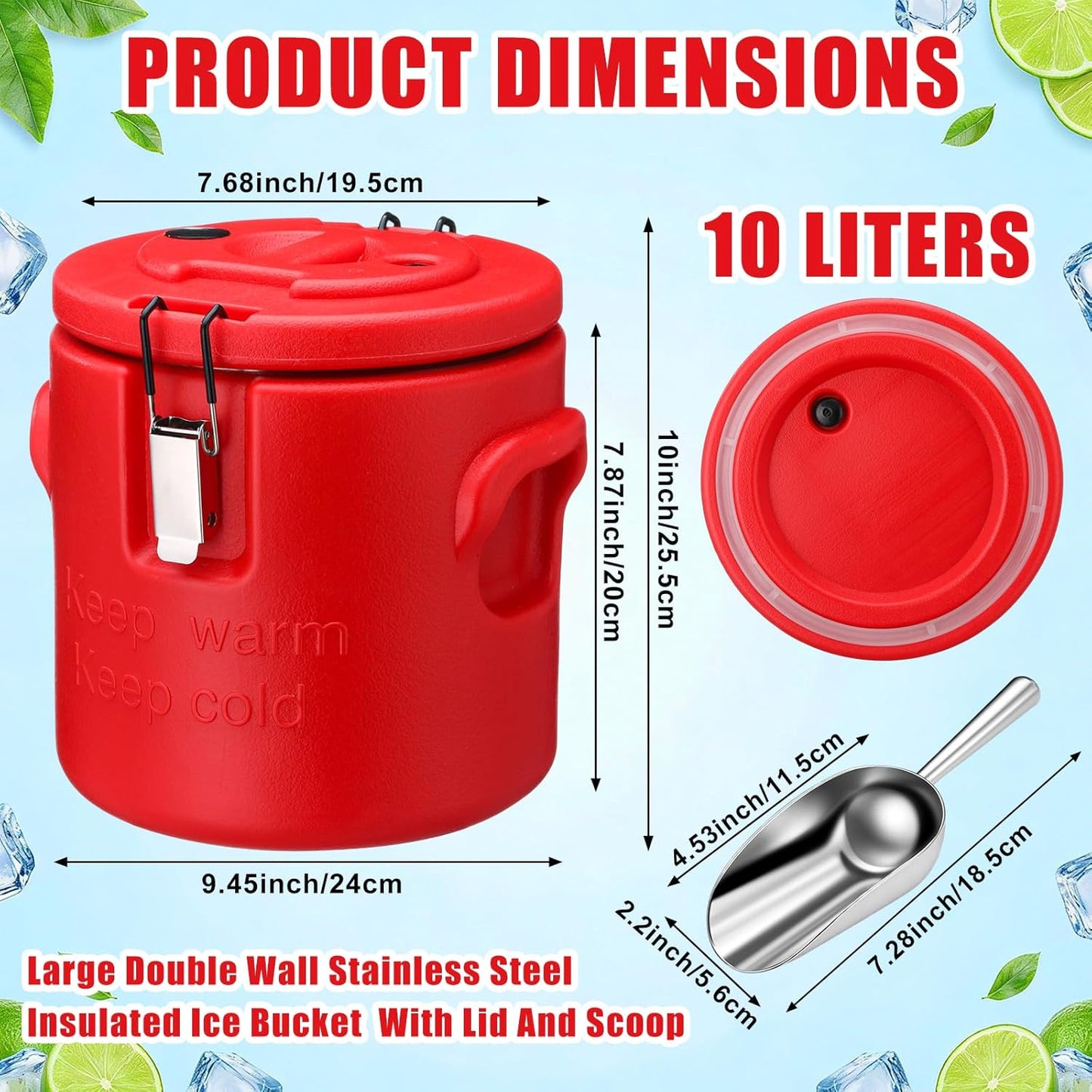 meekoo 10L Large Insulated Ice Bucket for Parties, Double-wall Beverage Bucket with Lid & Scoop, Keeps Champagne, Wine, Beer Chill for Parties Stainless Steel Ice Buckets for Summer Beach Party