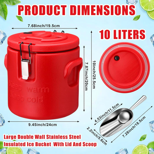 meekoo 10L Large Insulated Ice Bucket for Parties, Double-wall Beverage Bucket with Lid & Scoop, Keeps Champagne, Wine, Beer Chill for Parties Stainless Steel Ice Buckets for Summer Beach Party
