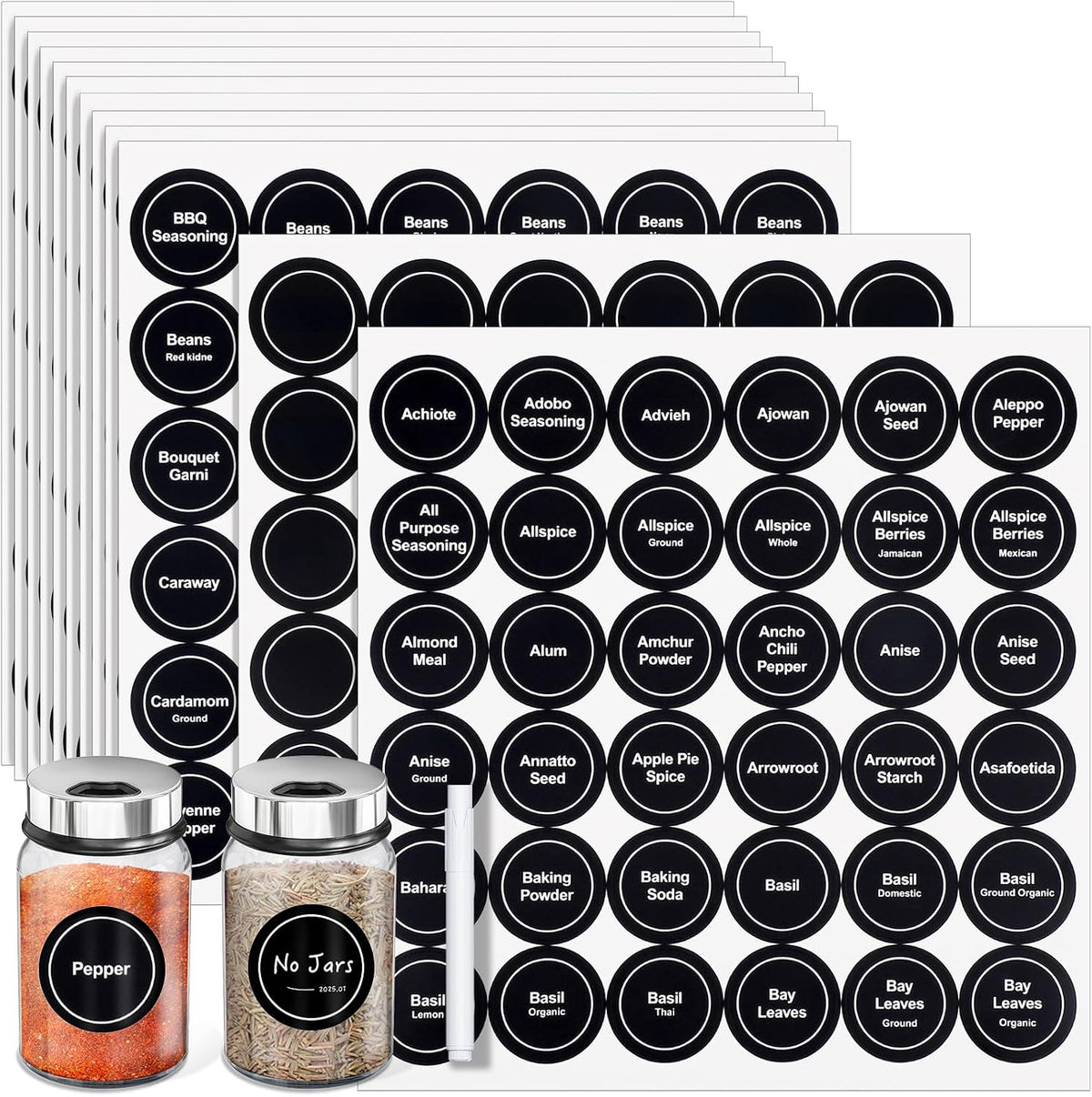 Segarty Food Label Stickers, 300 Pcs Blank Expiration Date Stickers to Write On, with 1 Black Pen, Waterproof Removable Freezer Labels for Glass Spice Jars, Canister, Food Container