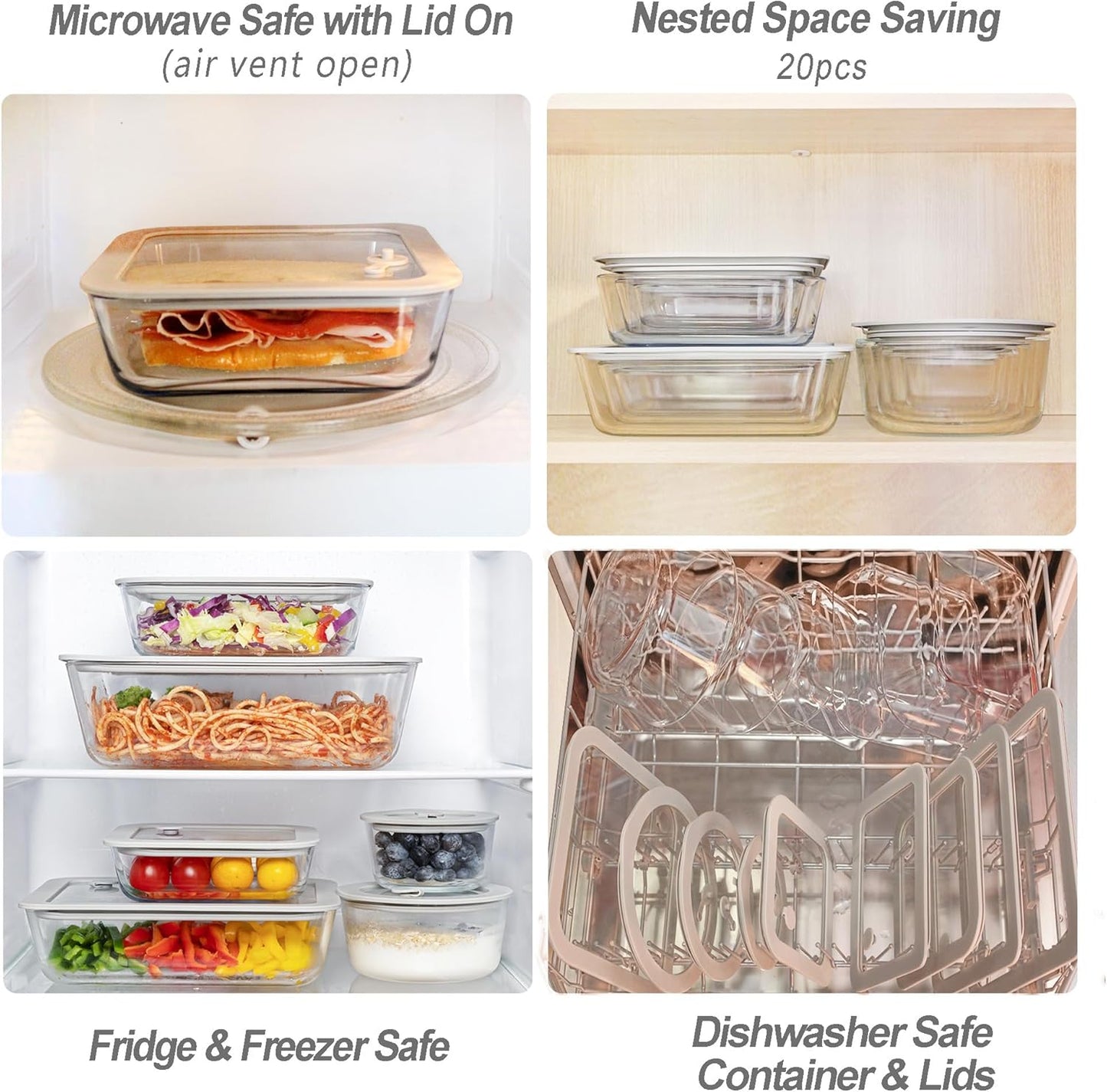 Glass Food Containers with Glass Lid, Microwave Safe Food Storage Container Set, 4 Pack of 35oz, Large Size Airtight Storage Set with Leak Proof Lids, Meal Prep Containers