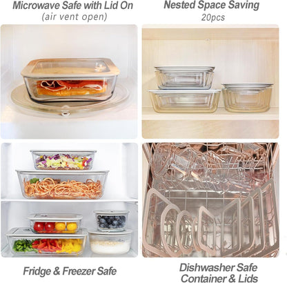 Glass Food Containers with Glass Lid, Microwave Safe Food Storage Container Set, 4 Pack of 35oz, Large Size Airtight Storage Set with Leak Proof Lids, Meal Prep Containers