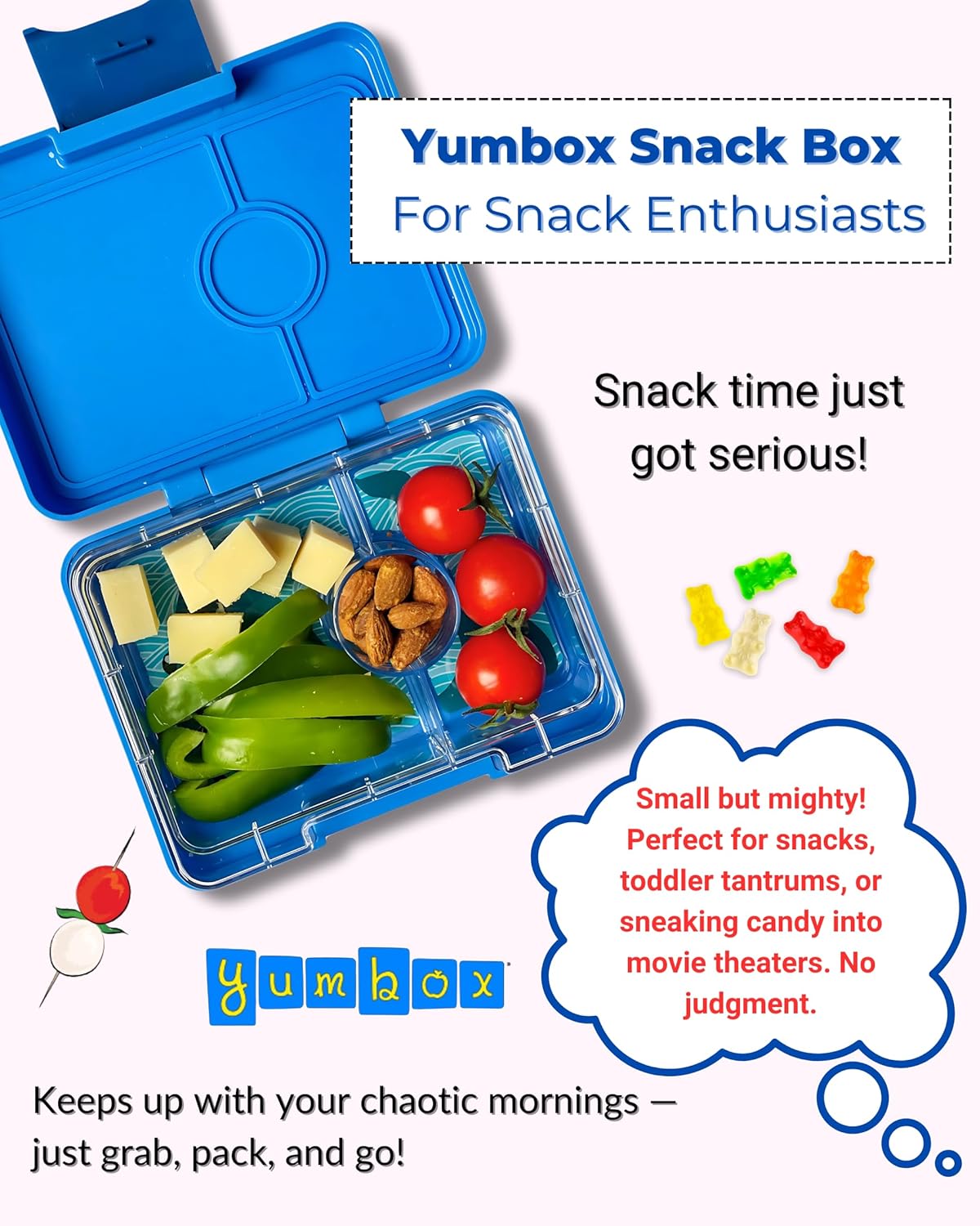 Yumbox Snack Box, 3 Compartments, Leakproof, Glitter Blue | Built-In Dip Well | Removable Compartment Tray | Easy-Open Single Latch | Lightweight & Compact | Perfect for Snacks & Sides