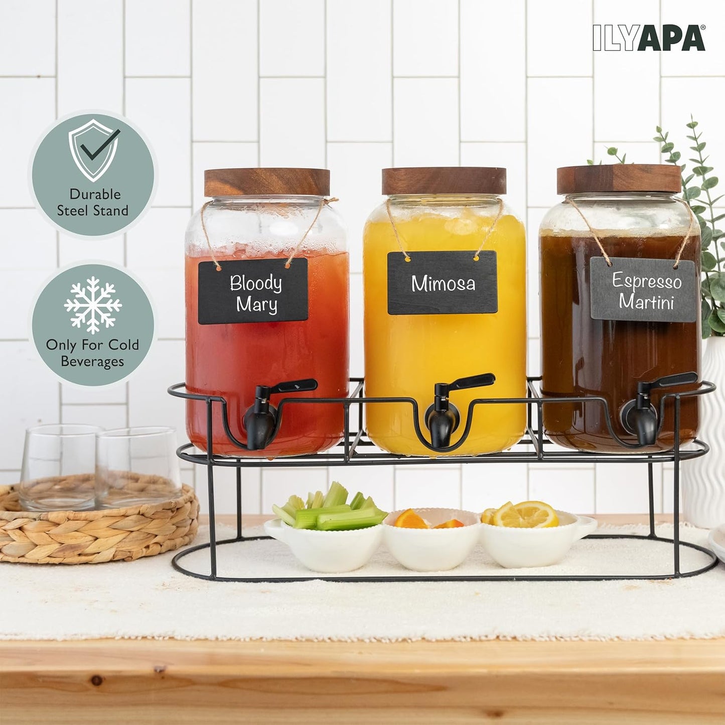Ilyapa Glass Drink Dispensers for Parties with Stand - 2 Pack, 2 Gallon Double Beverage Dispenser with Wood Tops & Black Stainless Spigots