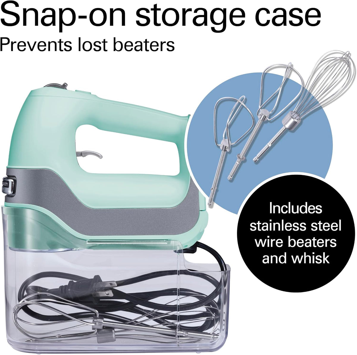 Hamilton Beach Professional 5-Speed Electric Hand Mixer with Snap-On Storage Case, QuickBurst, Stainless Steel Twisted Wire Beaters and Whisk, Mint (62658)