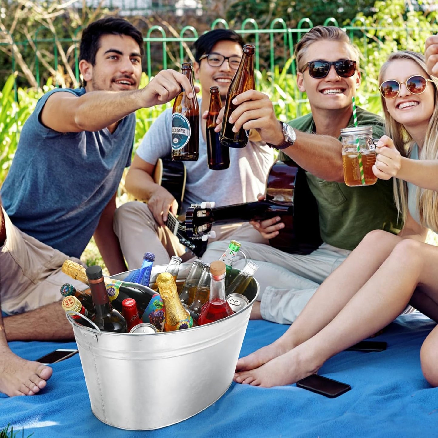 Ziliny 2 Pcs 6.3 Gallon Galvanized Beverage Tubs Large Drink Buckets for Parties Insulated Metal Ice Bucket with Handles Rustic Storage Container for Parties Beer Drinks, Silver