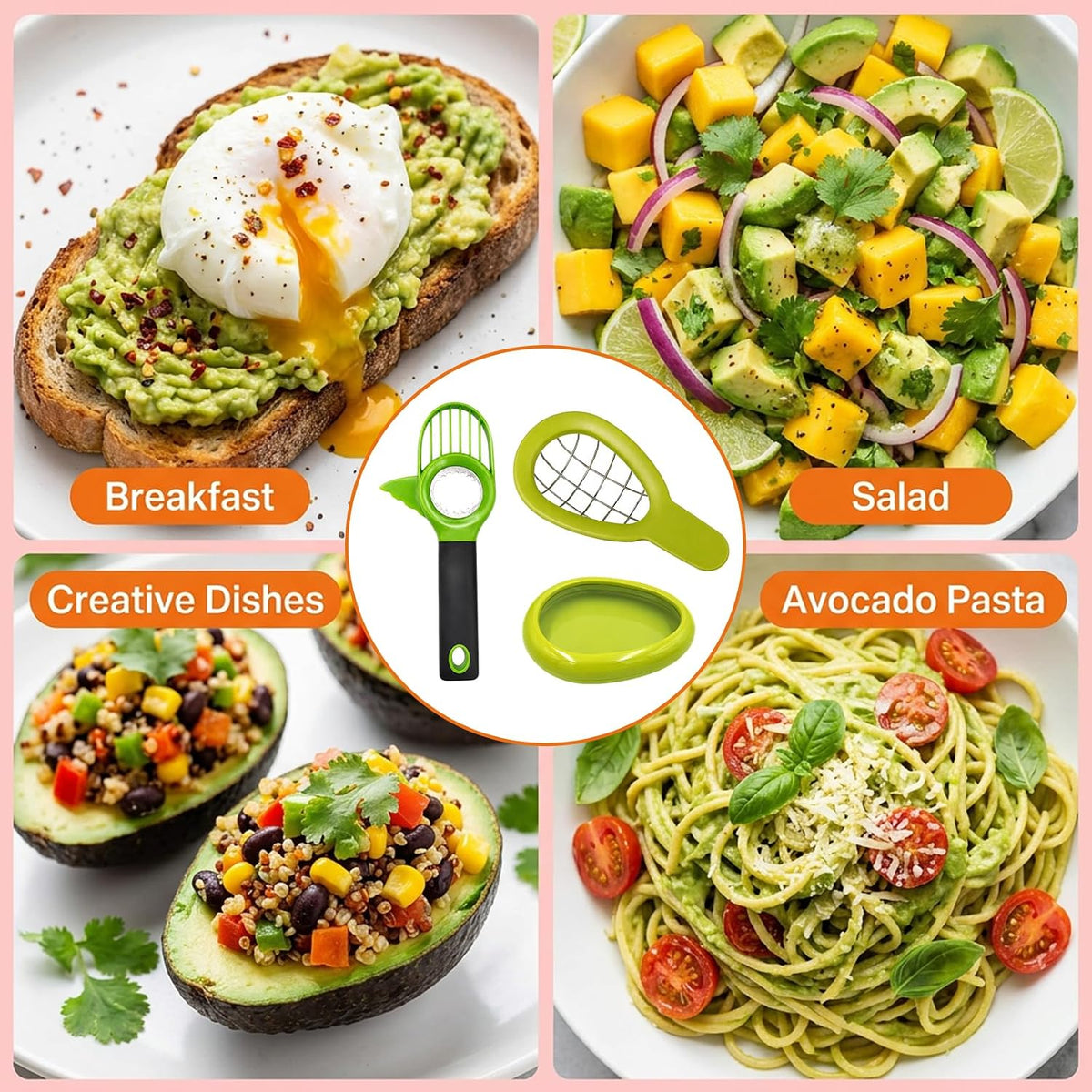 3PCS Avocado Slicer Set, 3-in-1 Avocado Tool for Easy Slicing and Pitting, Stainless Steel Avocado Cutter with Long Handle, Durable Kitchen Gadget for Avocado Preparation and Avocado Saver