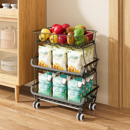 Giwil 3-Tier Rolling Pantry Organizers with Wheels, Stackable Wire Basket for Kitchen Pantry Shelves, Vegetable Storage Rack Pantry Cart for Snack Fruit Onion Potato, Black