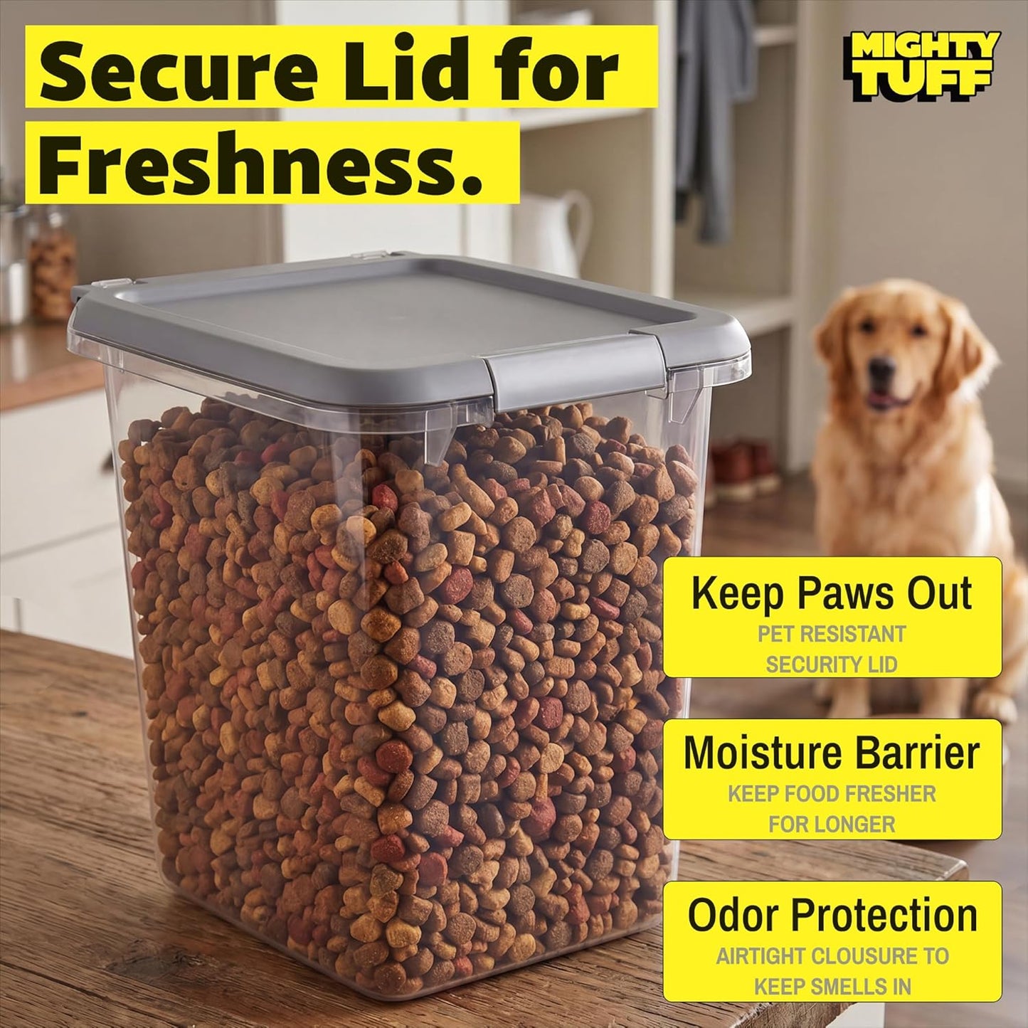 Mighty Tuff 20 lb Dog Food Container, Cat Food Storage Bin Airtight with Stainless Steel Latch, Clear Plastic Pet Container with Lid for Kitchen Pantry Organization
