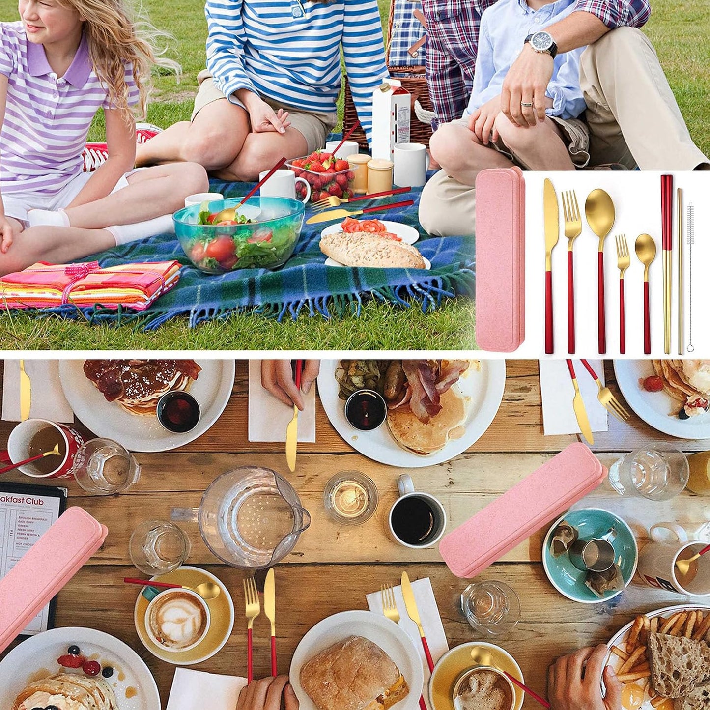 AARAINBOW 8 Pieces Stainless Steel Flatware Set Portable Reusable Cutlery Set Travel Utensils Set Including Chopsticks Knife Fork Spoon Straws Cleaning Brush Dishwasher Safe (Pink Golden)