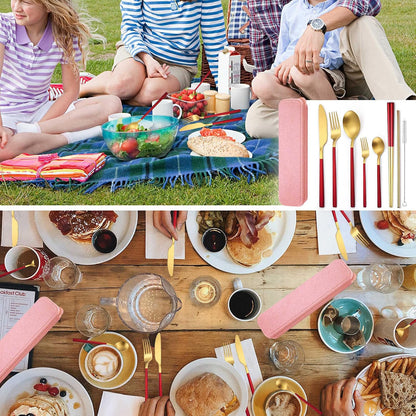 AARAINBOW 8 Pieces Stainless Steel Flatware Set Portable Reusable Cutlery Set Travel Utensils Set Including Chopsticks Knife Fork Spoon Straws Cleaning Brush Dishwasher Safe (Pink Golden)