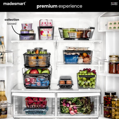 madesmart Fridge Portable Tote, Condiment Caddy with 2 Compartments, Pop-Up Handle & Non-Slip Base, Refrigerator Organizer for Sauces, Jars & Small Items, Clear