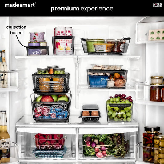 madesmart Fridge Portable Tote, Condiment Caddy with 2 Compartments, Pop-Up Handle & Non-Slip Base, Refrigerator Organizer for Sauces, Jars & Small Items, Clear