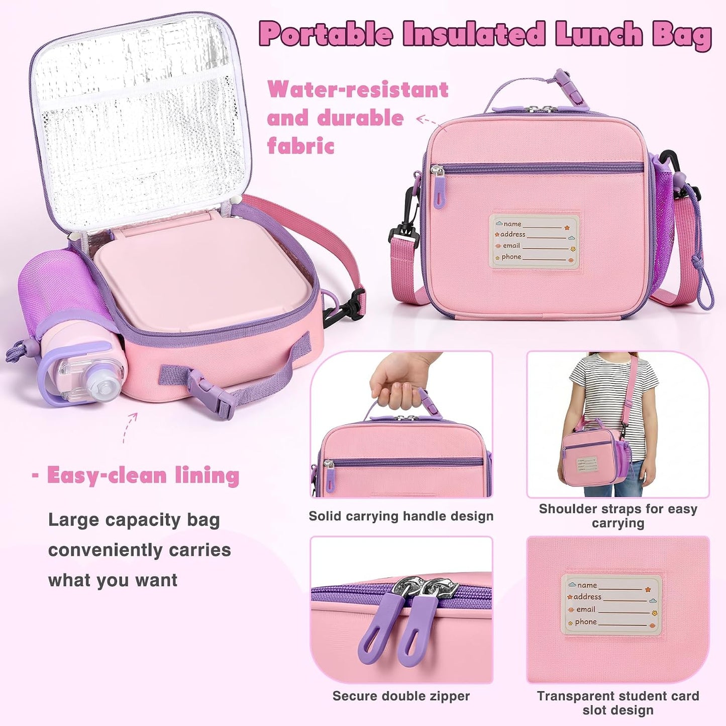 Bento Lunch Box for Kids with 7oz Soup Thermo,Insulated Stainless Steel Kids Water Bottle with Straw and Insulated Lunch Bag,Leak-Proof Lunch Food Container with Ice Pack for School (Purple-Mermaid)