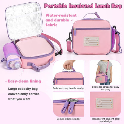 Bento Lunch Box for Kids with 7oz Soup Thermo,Insulated Stainless Steel Kids Water Bottle with Straw and Insulated Lunch Bag,Leak-Proof Lunch Food Container with Ice Pack for School (Purple-Mermaid)