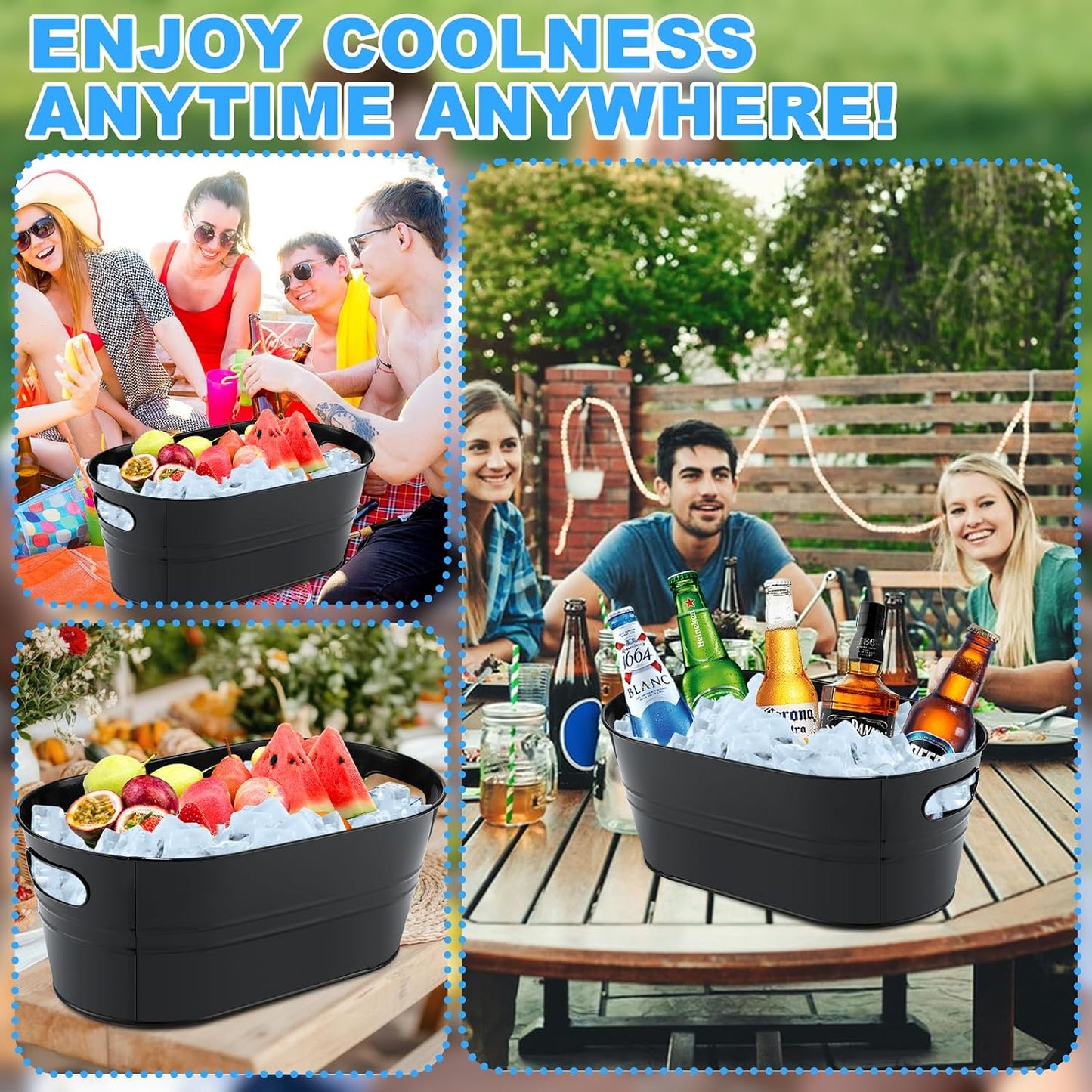 4Pcs 3 Gallon Black Galvanized Bucket Ice Bucket Large Metal Drink Buckets for Parties Beer Beverage Tub with Scoops for Champagne Cocktails Wine Cooling for Mimosa Bar Supplies
